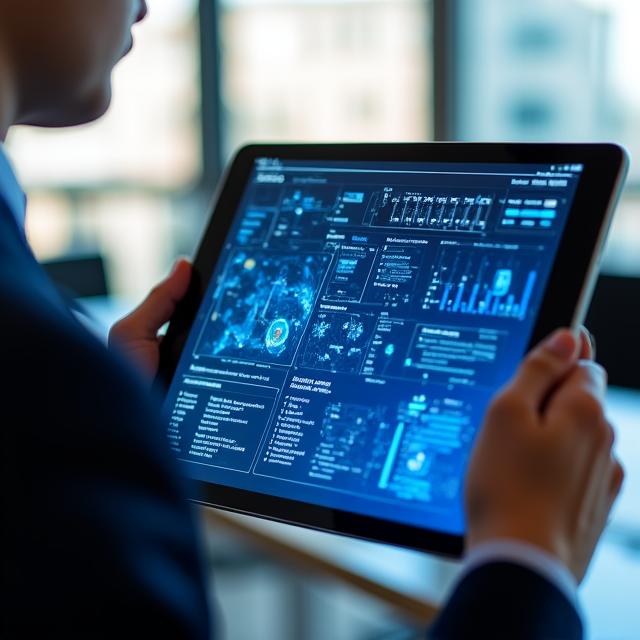 KI-gesteuerte Datenanalyse auf einem modernen Tablet-Display im Büro