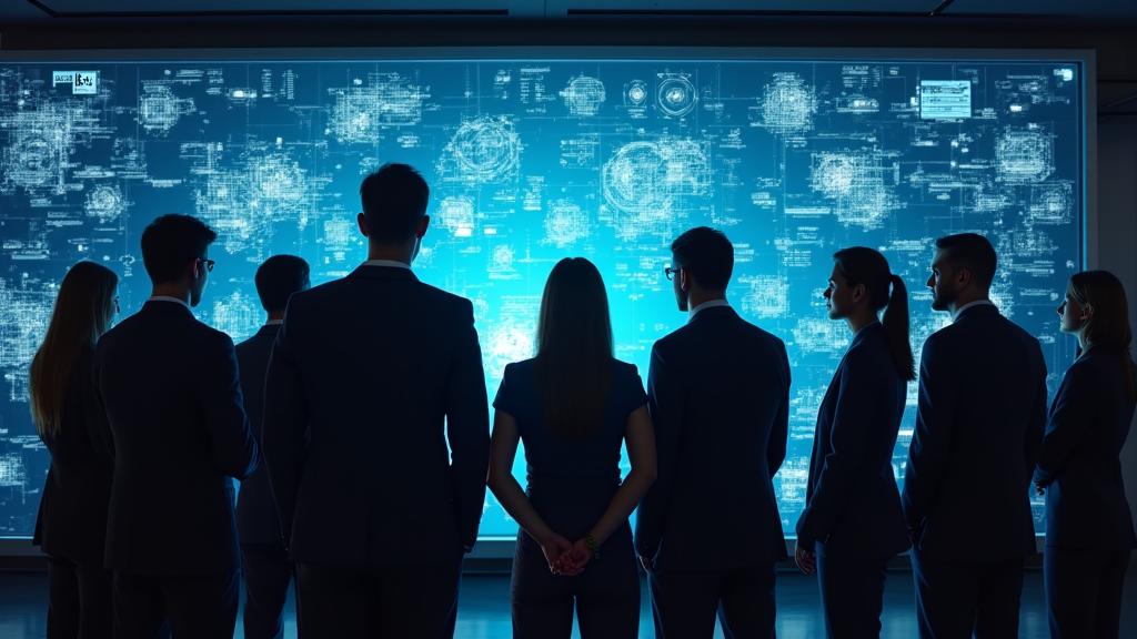 Ein Team analysiert komplexe Datenströme auf einem großen digitalen Dashboard
